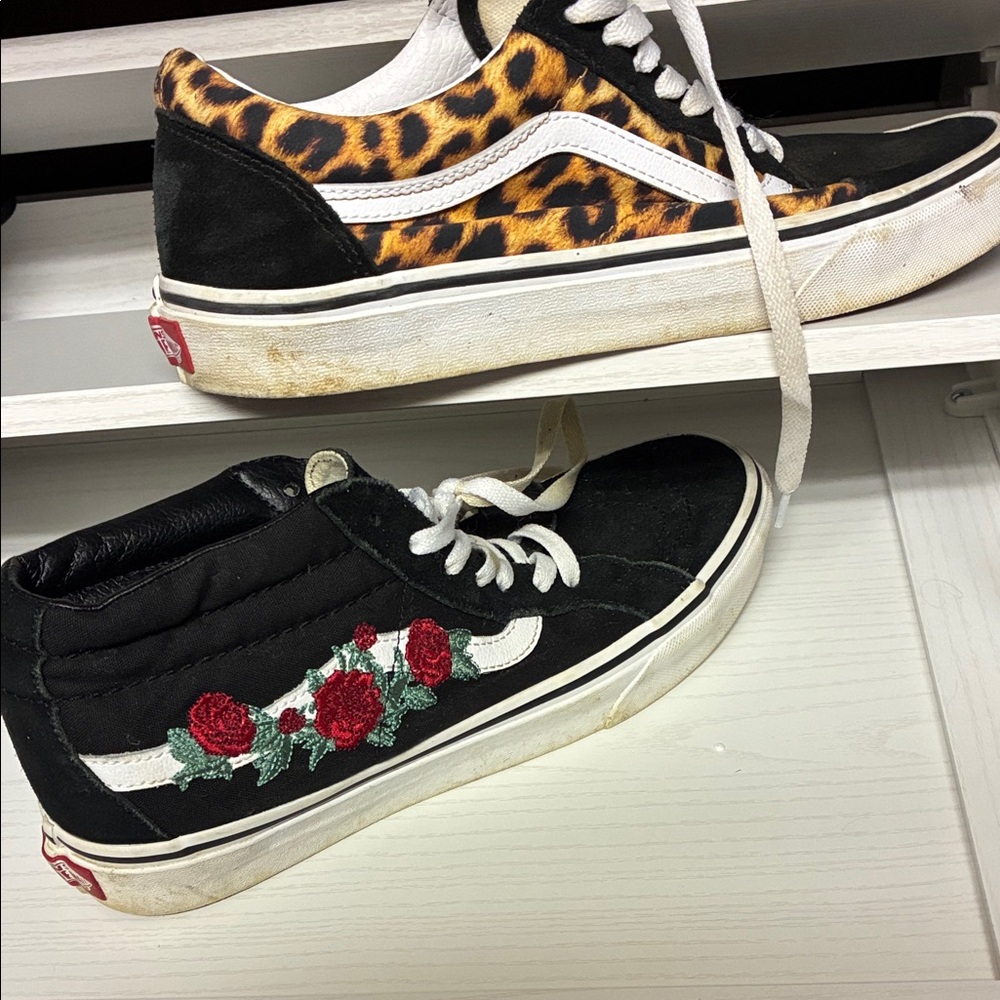 Vans Black and Leopard Sneakers with Rose Embroidery